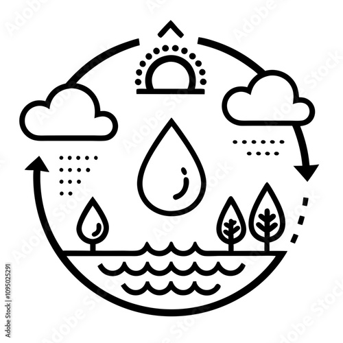 Line art icon of the water cycle with clouds, sun, and nature, representing natural processes and sustainability