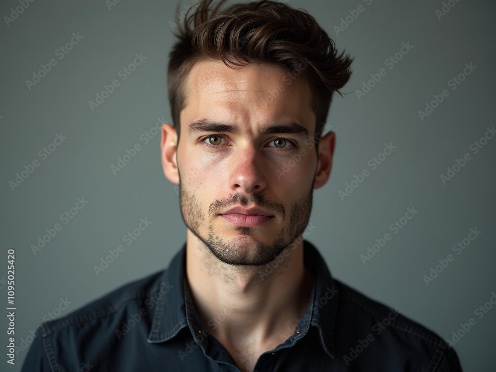 Obraz premium Portrait of serious young man looking at camera with neutral expression