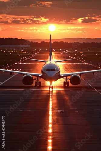 Private jet taxiing on a runway at sunset photo