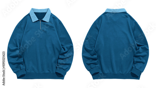 Front and back views of teal longsleeved halfzip sweatshirt. photo