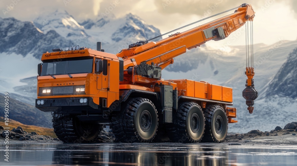 Fototapeta premium Powerful Orange Crane Truck. 