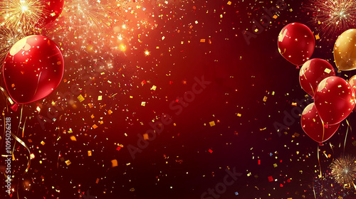 New year celebration design in red background happy new year ballons and party confetti with copy space for text template with glitter