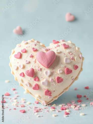 there is a heart shaped cookie with pink and white sprinkles on it.