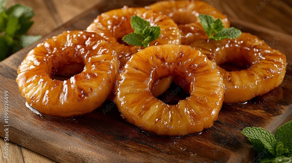 Grilled pineapple rings glazed with honey, served on a rustic wooden platter with sprigs of mint Grilled pineapple rings glazed with honey, served on a rustic wooden platter with sprigs of mint