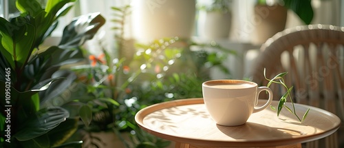 With sufficient writing space and morning sunlight shining in a modern round table in the home garden gracefully holds a warm cup of coffee, Generative AI.