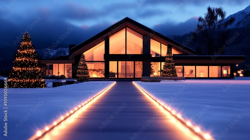 A modern home glows warmly on a snowy winter evening, illuminated by strings of lights leading to the entrance. Two decorated Christmas trees stand sentinel on either side. A modern home glows warmly on a snowy winter evening, illuminated by strings of lights leading to the entrance. Two decorated Christmas trees stand sentinel on either side.