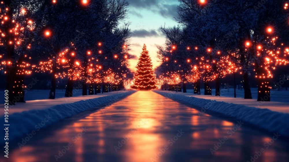 A magical winter scene: a snow-covered path lined with trees adorned with warm, glowing lights leads to a beautifully decorated Christmas tree. A magical winter scene: a snow-covered path lined with trees adorned with warm, glowing lights leads to a beautifully decorated Christmas tree.