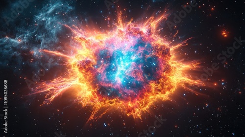 A fiery explosion in space with swirling blue and orange clouds and a starry background.