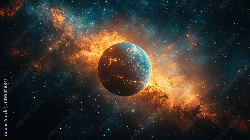 A vibrant cosmic scene featuring a glowing planet amidst colorful nebulae. A vibrant cosmic scene featuring a glowing planet amidst colorful nebulae.