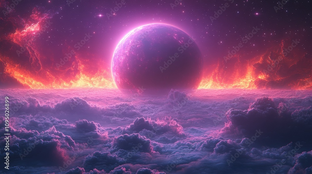 A vibrant cosmic scene featuring a large planet above colorful clouds and fiery skies. A vibrant cosmic scene featuring a large planet above colorful clouds and fiery skies.