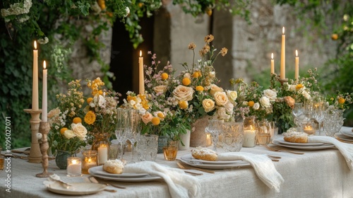 A romantic outdoor table setting with candles and fresh flowers in a rustic setting.