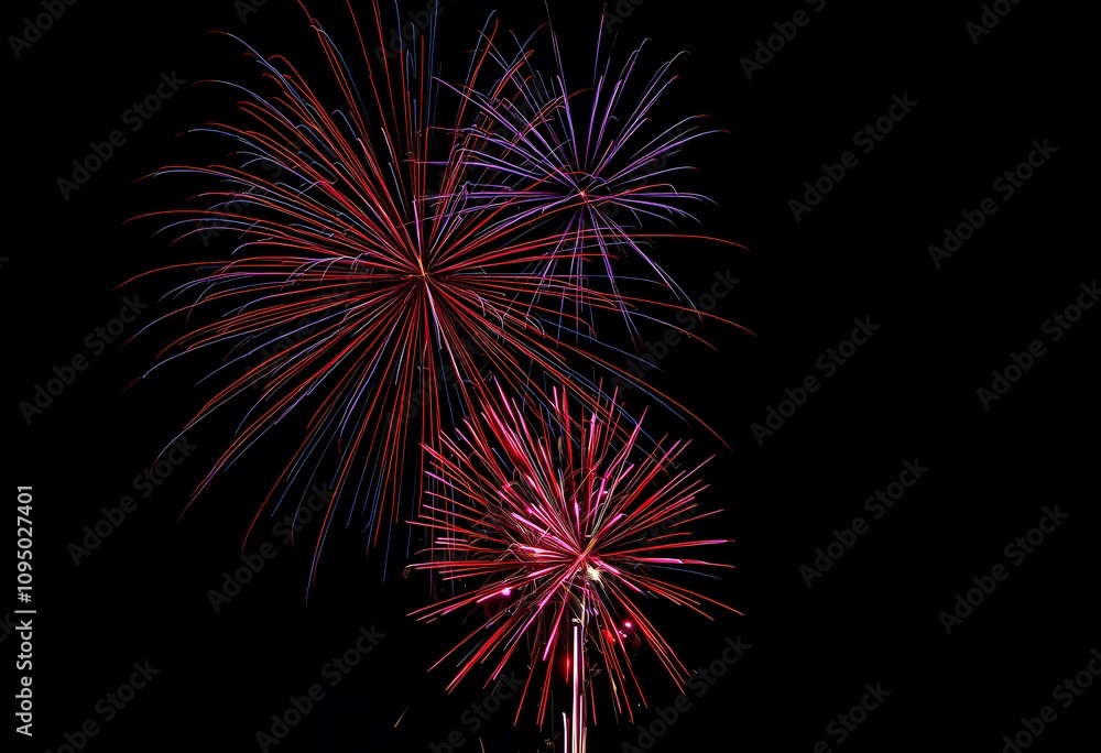 Vibrant fireworks display against a dark night sky. Vibrant fireworks display against a dark night sky.