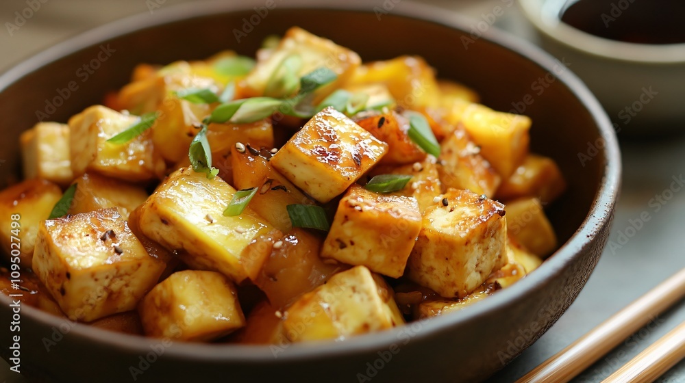 Pineapple and tofu stir-fry served in a rustic dish with chopsticks and soy sauce on the side Pineapple and tofu stir-fry served in a rustic dish with chopsticks and soy sauce on the side