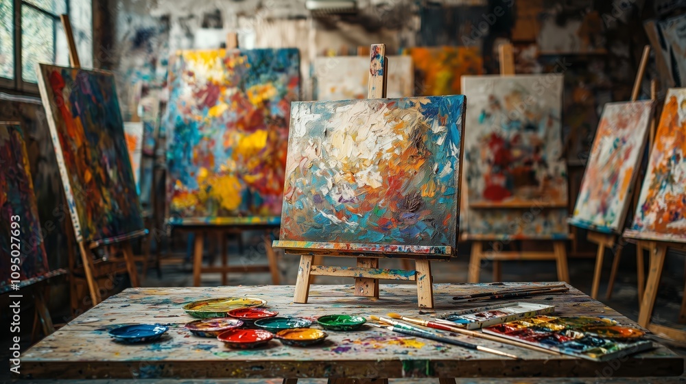 Artistic Studio Space with Colorful Paintings and Supplies Showcasing Vibrant Creative Process in a Painter's Workshop Atmosphere Artistic Studio Space with Colorful Paintings and Supplies Showcasing Vibrant Creative Process in a Painter's Workshop Atmosphere