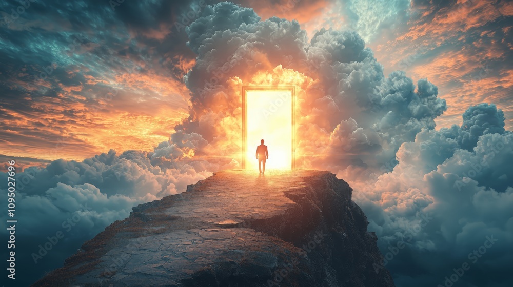 Fototapeta premium A Person Stands Before a Large Open Door at the Edge of a Cliff, Overlooking a Dramatic Landscape with Colorful Clouds and a Glowing Sunset