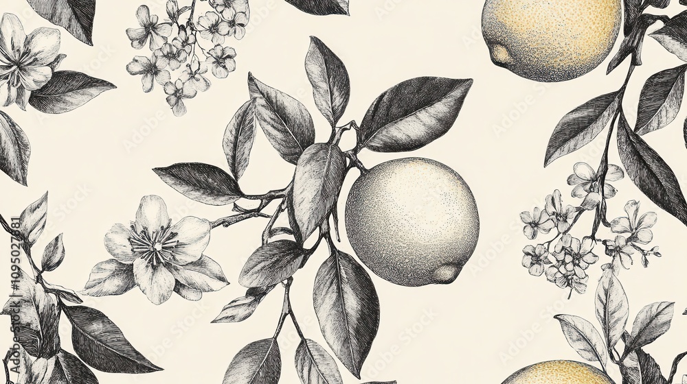 A detailed illustration of lemon branches with flowers and leaves on a light background. A detailed illustration of lemon branches with flowers and leaves on a light background.