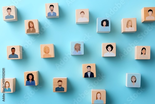 Assorted Business People Portraits Flat Lay Wooden Blocks