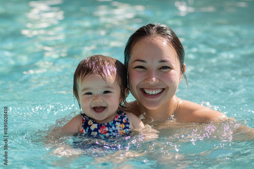 Mother and baby swimming together in pool family bonding water activities outdoor fun joyful interaction Mother and baby swimming together in pool family bonding water activities outdoor fun joyful interaction
