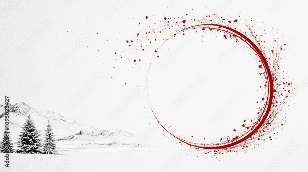 Obraz premium Abstract winter landscape with a red circular design element. Minimalist snowy scene with evergreens and mountains.