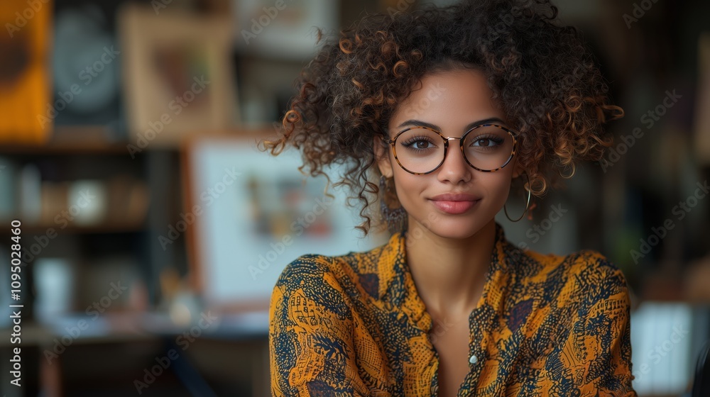 Creative Entrepreneur in Focus: A Young Woman with Curly Hair and Glasses Exudes Passion and Curiosity in a Vibrant Workspace Setting Creative Entrepreneur in Focus: A Young Woman with Curly Hair and Glasses Exudes Passion and Curiosity in a Vibrant Workspace Setting