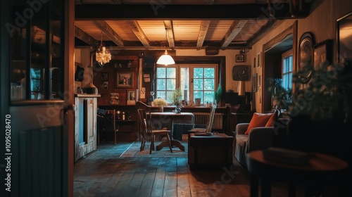 Rustic Cabin Interior with Wooden Beams and Window View