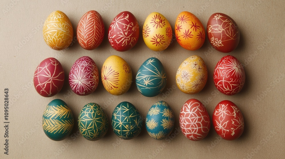 Colorful and Artistic Easter Eggs Arranged in a Pattern, Showcasing Intricate Designs and Rich Hues for Spring Celebrations and Festivities Colorful and Artistic Easter Eggs Arranged in a Pattern, Showcasing Intricate Designs and Rich Hues for Spring Celebrations and Festivities