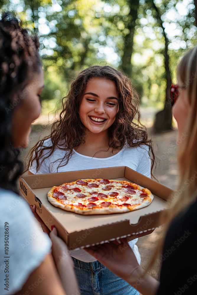 Plus-size girl holding a pizza box and sharing with friends Plus-size girl holding a pizza box and sharing with friends