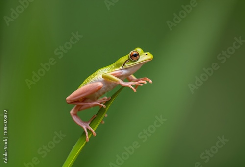 Frog balancing on a tiny leafA frog precariously balancing on a photo