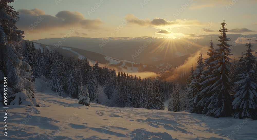Obraz premium Golden sunset over a snow-covered mountain forest.