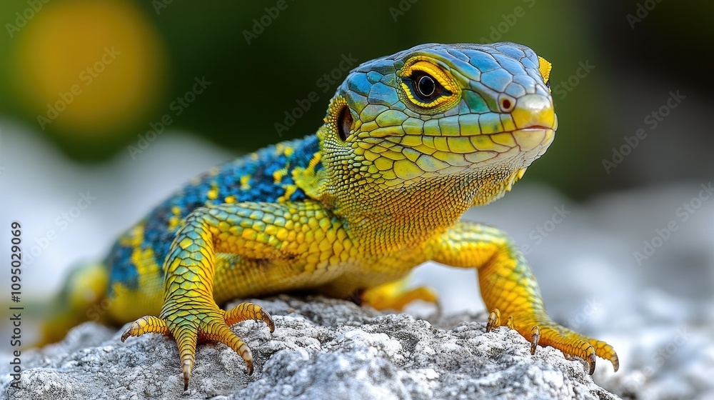 A vibrant lizard with blue and yellow markings rests on a rocky surface, showcasing its colors. A vibrant lizard with blue and yellow markings rests on a rocky surface, showcasing its colors.