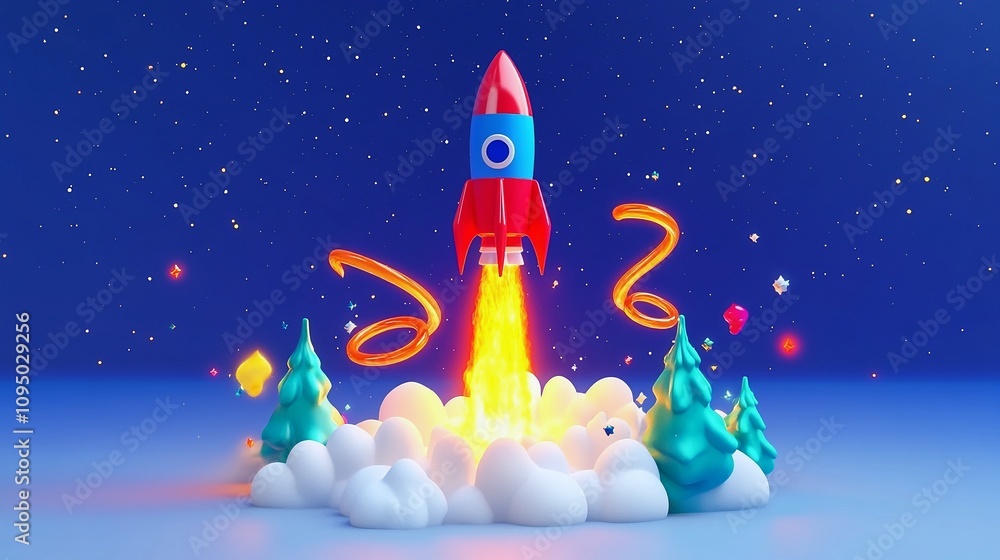 Rocket Launching Through Fire Rings in Night Sky 3D Render Rocket Launching Through Fire Rings in Night Sky 3D Render