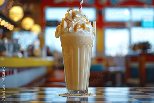 Creamy peanut butter and banana milkshake with whipped cream in retro diner, a classic vintage dessert