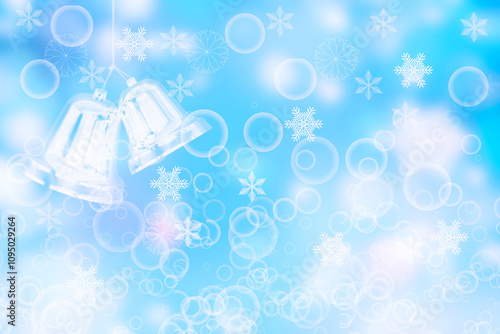 Abstract blurred festive delicate winter christmas or Happy New Year background with shiny blue and white bokeh lighted stars and bells Space for your design. Card concept.