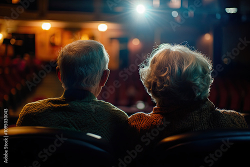 Senior couple sitting together, watching a classic movie or TV show photo