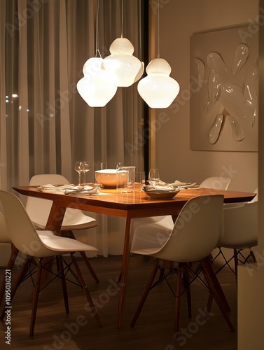 Modern Dining Room With Wooden Table And White Chairs