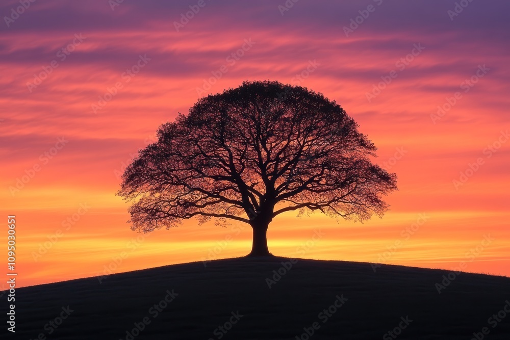 Solitary Tree Silhouette Against Vibrant Sunset Sky Solitary Tree Silhouette Against Vibrant Sunset Sky