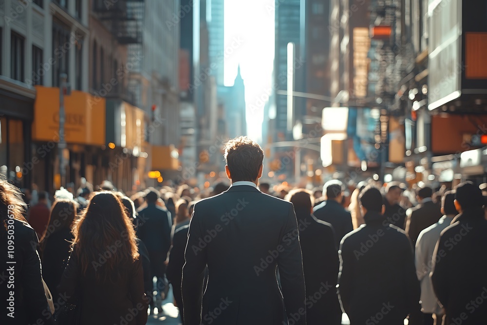 Back View Businessman Walking City Street Rush Hour Crowd Back View Businessman Walking City Street Rush Hour Crowd