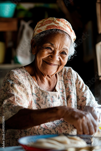 An elderly woman baking in her kitchen, smiling warmly as she prepares a family recipe photo