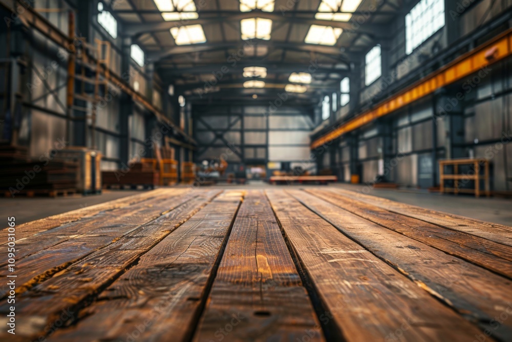 Wood table in warehouse storage with blurred background Wood table in warehouse storage with blurred background