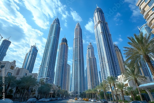 Back view businessman, city street, tall buildings, blue glass facades