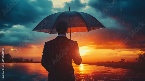 Businessman Standing with Open Umbrella Against Dramatic Sunset in Rainy Weather, Evoking Themes of Resilience and Determination in Adverse Conditions