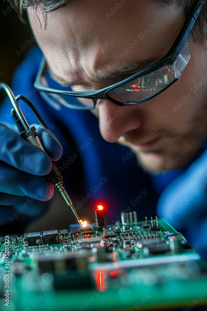 Technician soldering circuit board, focused, detailed. Technician soldering circuit board, focused, detailed.