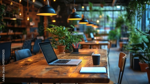 A Cozy Coworking Space Abundant with Greenery and Natural Light, Featuring Long Wooden Tables, Stylish Chairs and Vibrant Plants for a Productive Atmosphere
