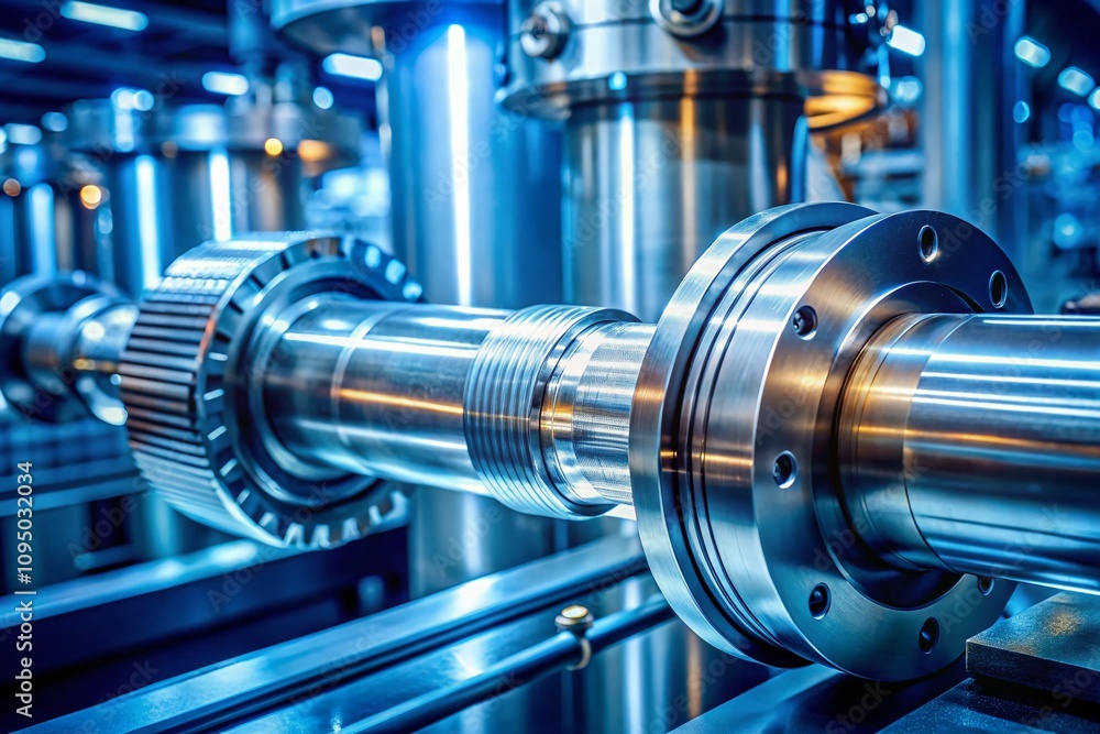 Macro View of High-Tech Industrial Environment Featuring Cylindrical Metallic Component with Intricate Machinery Details Illuminated by Cool Blue Lighting in Shallow Depth of Field Macro View of High-Tech Industrial Environment Featuring Cylindrical Metallic Component with Intricate Machinery Details Illuminated by Cool Blue Lighting in Shallow Depth of Field
