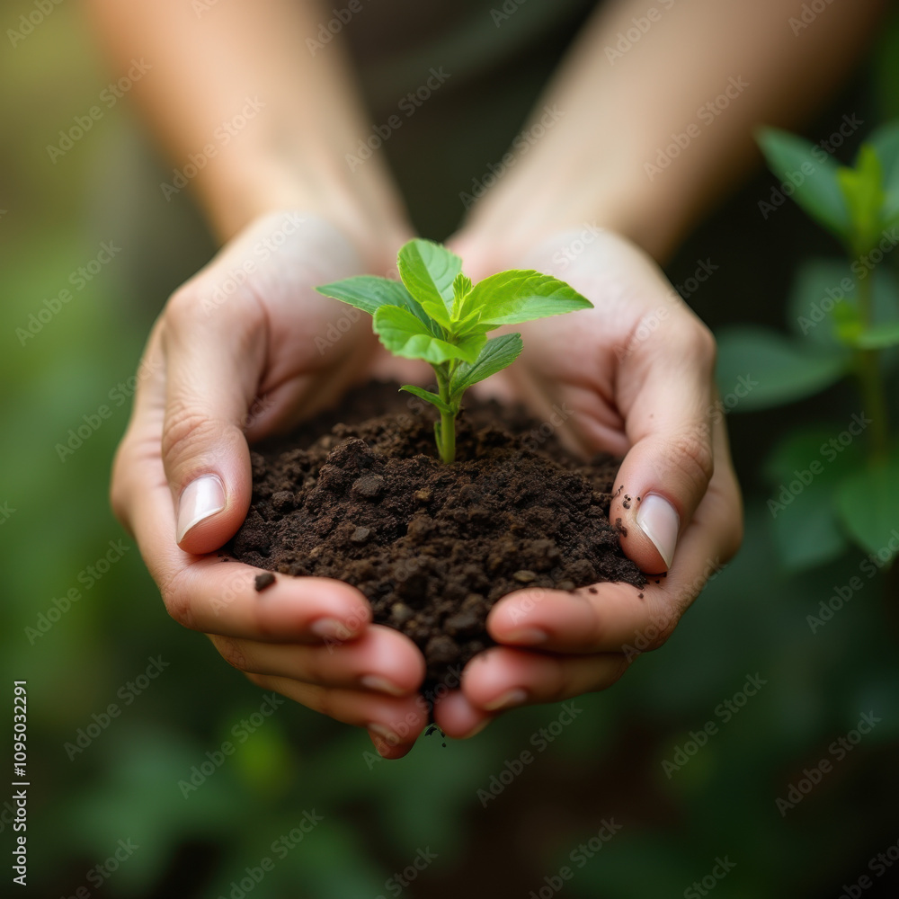 Hands Gently Holding a Small Sprout Against a Natural Background Hands Gently Holding a Small Sprout Against a Natural Background