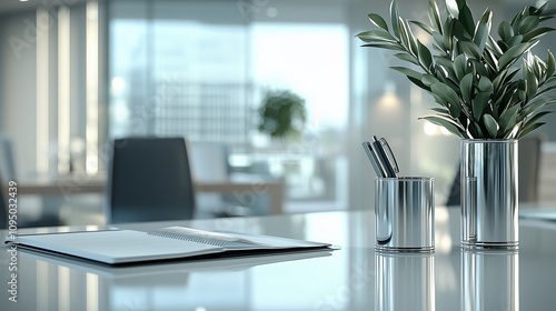 Wallpaper Mural Sleek and Modern Corporate Desk Setup Featuring Clean Lines, Minimalist Accessories, and a Fresh Green Plant in a Bright Office Environment Torontodigital.ca