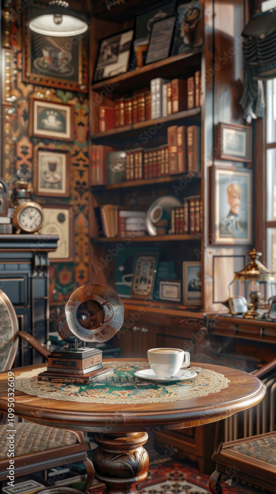 authentic interior, in a cafe, tables with chairs, with a cup of hot drink, coffee, antiques from a flea market, gramophone and museum, vertical authentic interior, in a cafe, tables with chairs, with a cup of hot drink, coffee, antiques from a flea market, gramophone and museum, vertical
