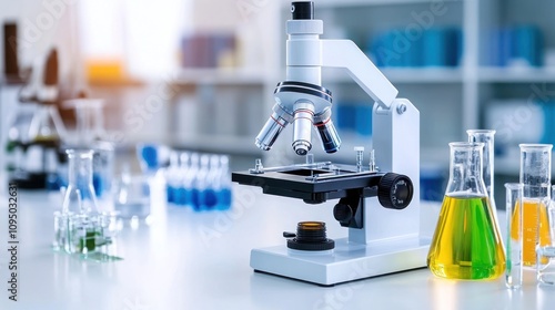 Microscope and Colorful Chemical Solutions in a Modern Laboratory Setting