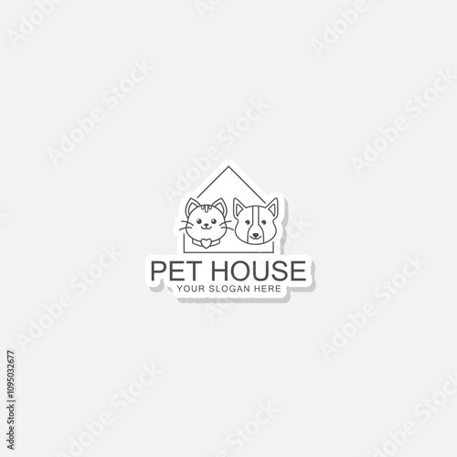 Dog cat pet house home Line icon sticker isolated on gray background