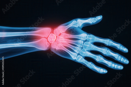 Artificial intelligence in medical detection. X ray image of human wrist showing fracture with highlighted pain area. This visual aids in understanding wrist injuries and diagnostics